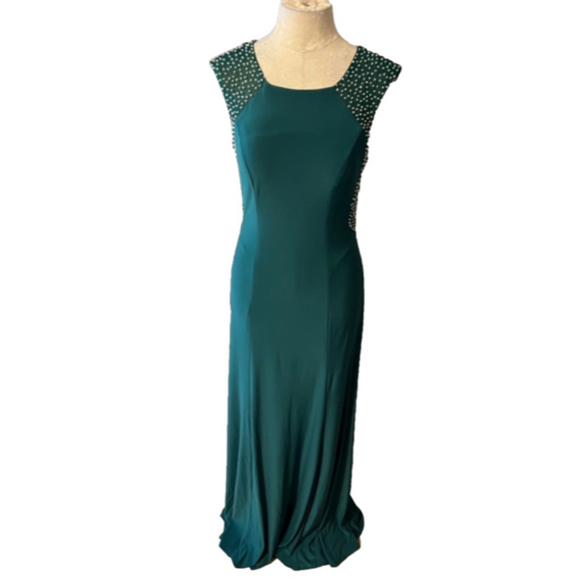 Jackie Jon Dress Emerald Green Silver 8 Stud Stretch Maxi Formal Party Event - Picture 1 of 11